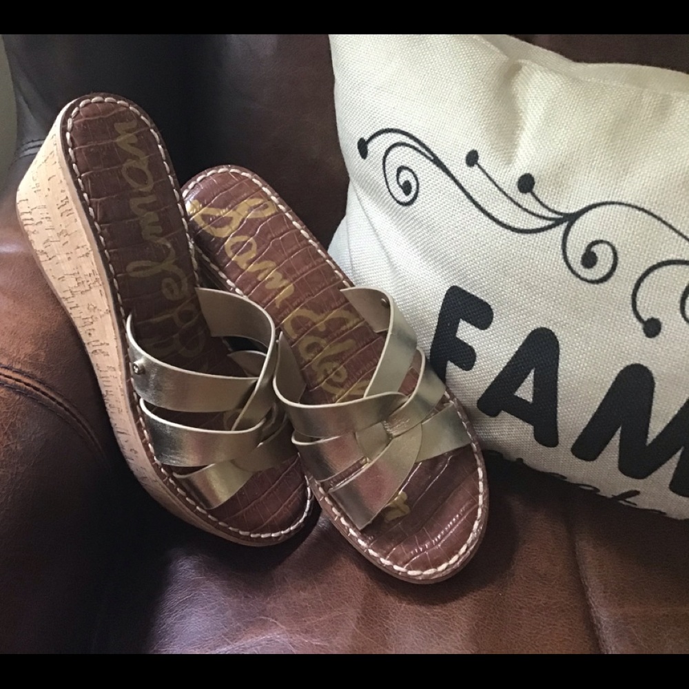 SAM EDELMAN Raynere Gold cork Wedge slide